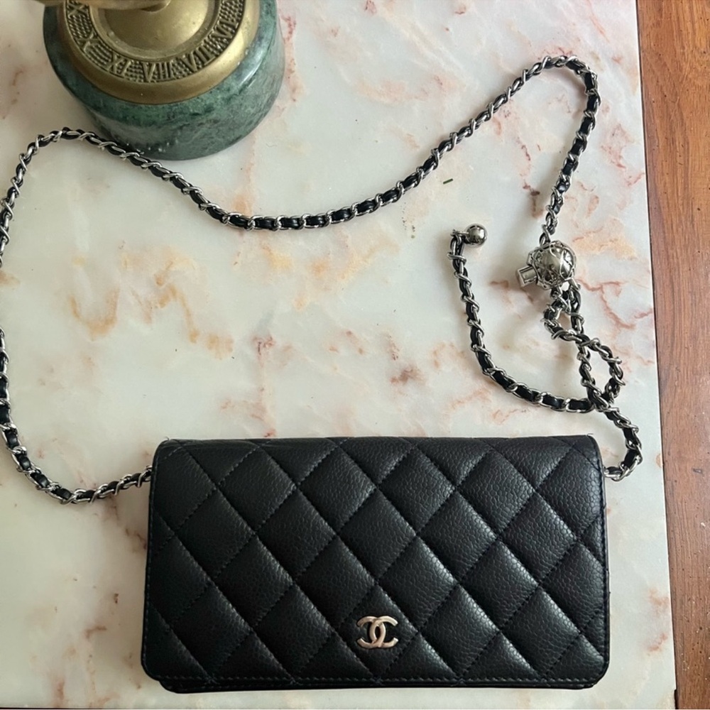 Dark Navy Blue, Long Caviar Chanel Flap Wallet with Added Chain woc - Picture 3 of 11